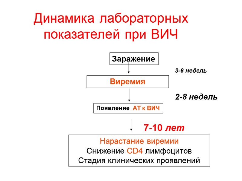 Динамика лабораторных показателей при ВИЧ Заражение Виремия Появление  АТ к ВИЧ 3-6 недель